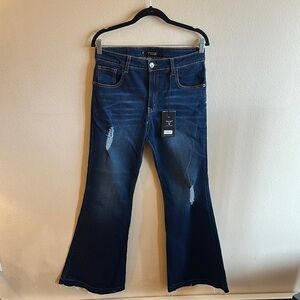Lucky & Blessed Flare Jeans Size 14 Dark Wash Wide Leg Distressed Details